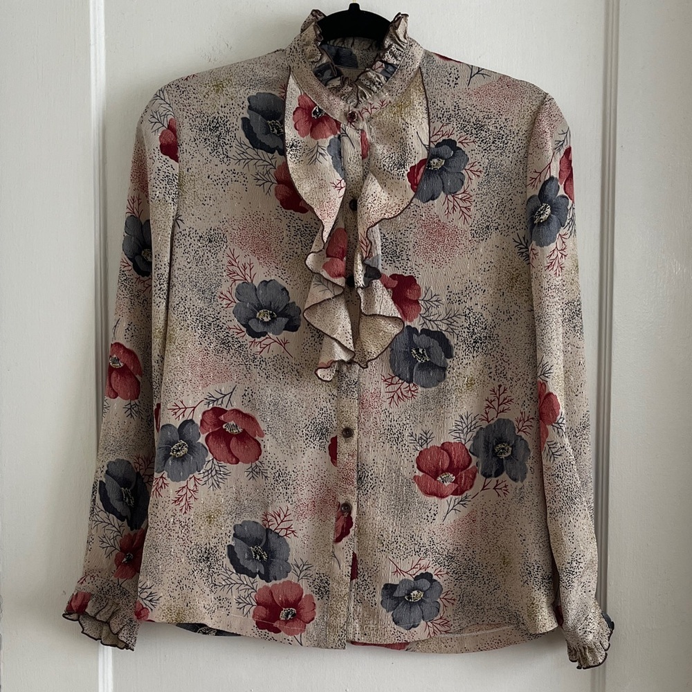 Vintage 80s Ruffle Front Floral Blouse Top Jewel Tone Button Front XS/S